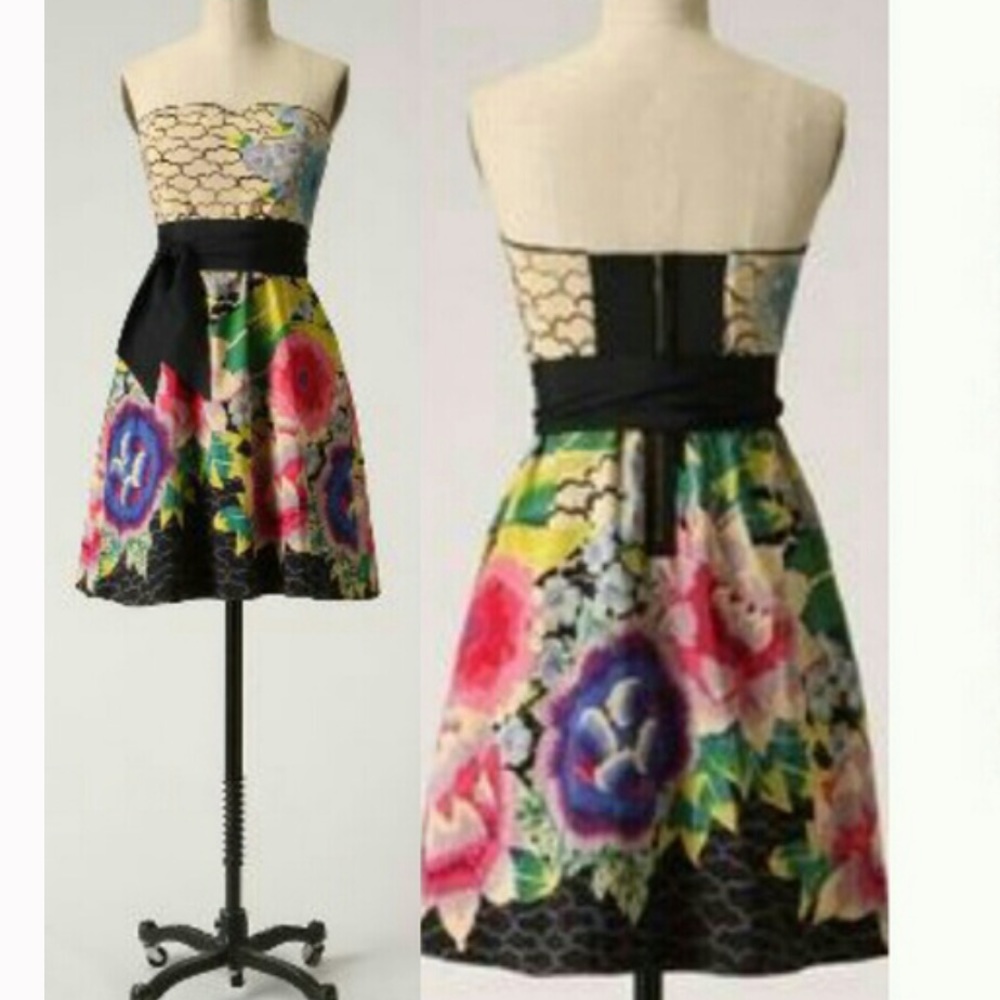 Anthropologie Painted Lotus strapless dress size 2